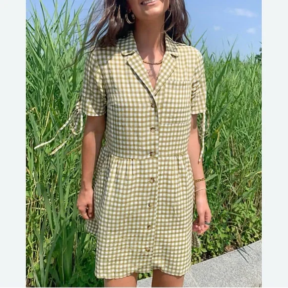 Topshop Tie Sleeve Gingham Mini Dress in Khaki, Size 4 Item 103394573 - Picture 2 of 13